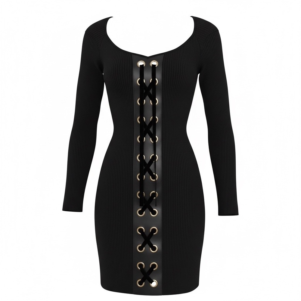 Say What Black Ribbed Knit Lace Up Faux Leather Bodycon Mini Dress Womens Medium